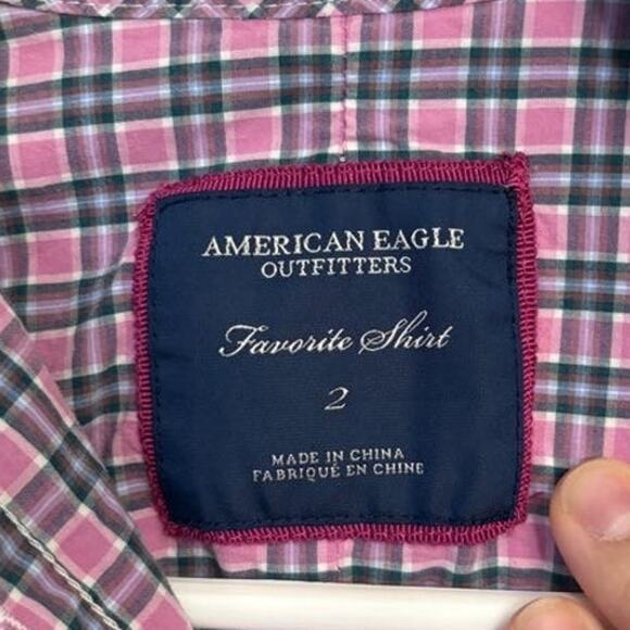 American Eagle Favorite Shirt Button Up Long Sleeve Slim Fit Plaid Pink Size 2 - Picture 3 of 5